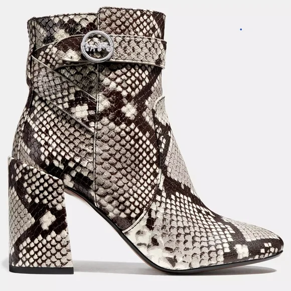 COACH "Elisa" Snakeskin-Printed Leather Heeled Boots - Black/Tan/White - Size 9 - Picture 13 of 13